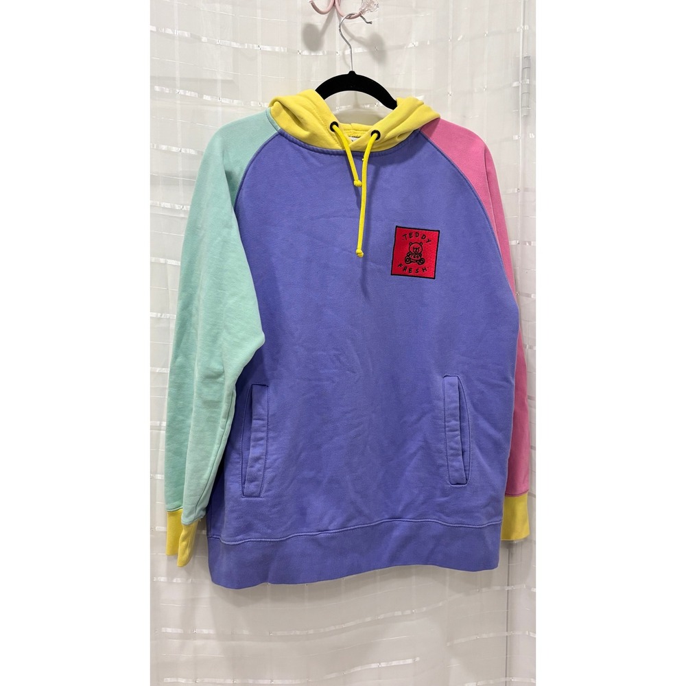 Teddy Fresh Colorblock Hoodie Purple Pink Mint Yellow Cotton Sweatshirt Small